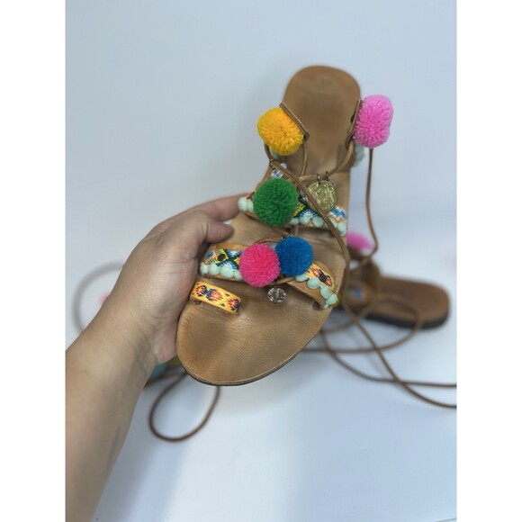 Mabu by Maria BK Gladiator Leather Boho Sandals with Colorful Pom-Poms Size 40 - Picture 7 of 10